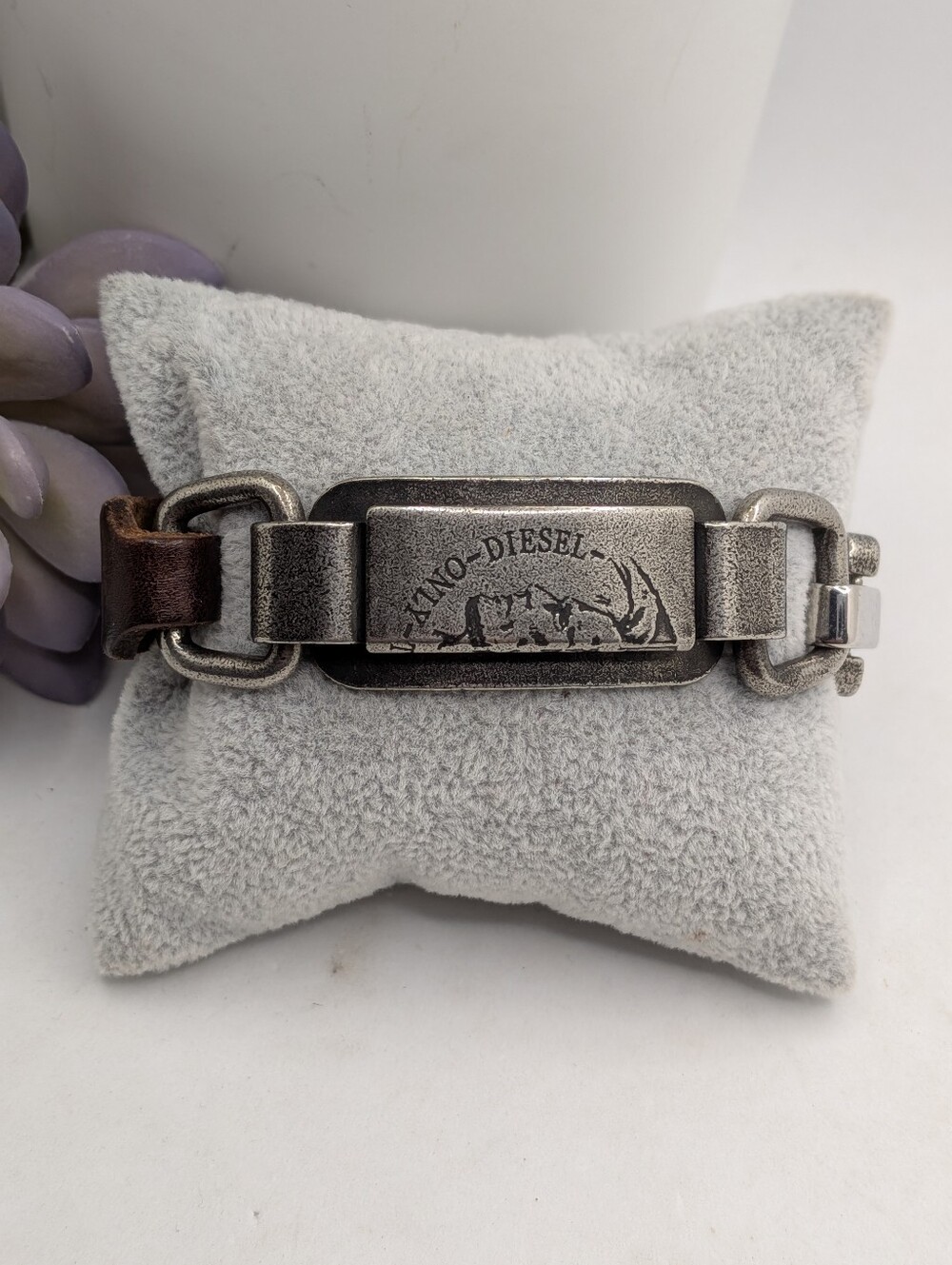 Diesel "Only the Brave" Mohican logo Metal And Leather Bracelet